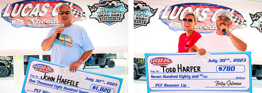 Left - John Haefele celebrated in the Winners Circle after securing the Pro Comp Flat victory. Right - Todd Harper accepted the PCF Runner-up honors after logging a near perfect 7.208-second run against his 7.200-second dial-in in the final round of eliminations. 