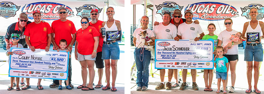 Left - Colby Nofire and the “Indian Outlaw” team accepted the Pro Outlaw victory. Right - Jacob Schneider and team celebrated the Runner-Up finish at the Show-Me Shootout.