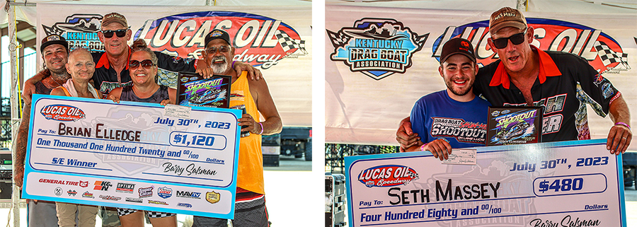 Left - Brian Elledge and team celebrated the Stock Eliminator victory in the Winners Circle. Right - Seth Massey celebrated a Runner-up finish over a tough field of twelve Stock Eliminator race teams. 