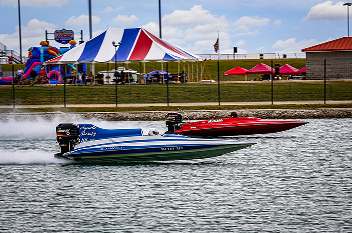 In round one of Stock Eliminator competition, Denise Hodges and William Wilson (far lane) both chose a 9.00-second dial in, and Denise was off the line first with a .149 reaction time, but she slowed to a 9.610-second run, and William drove around for the win.