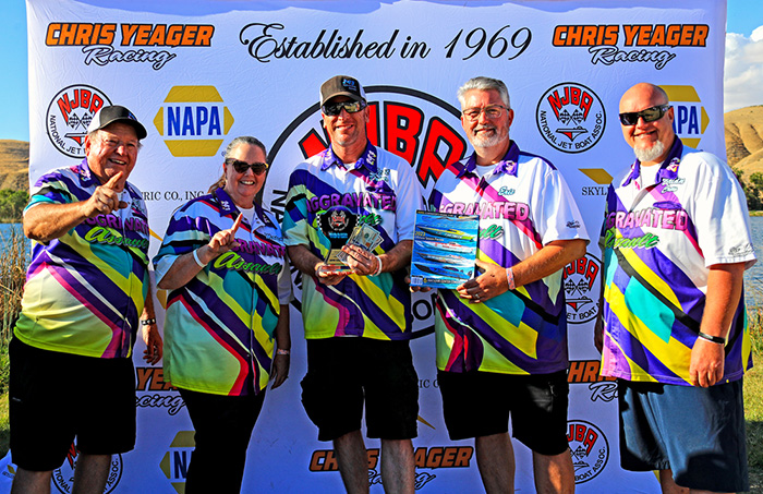 Scot Tillinghast celebrated the Super Eliminator victory in the NJBA Winner’s Circle with his “Aggravated Assault” team.